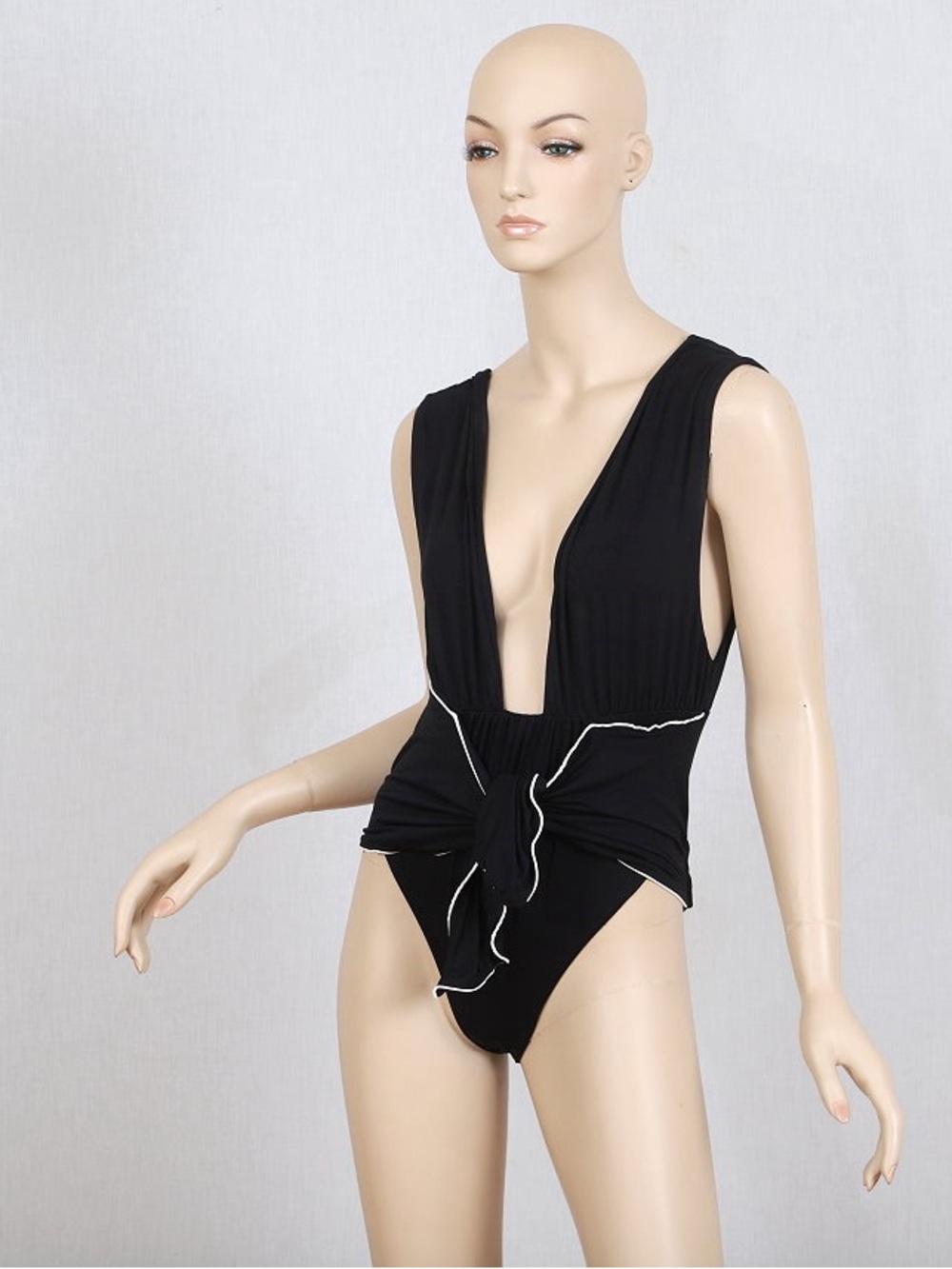 Plunge Black One-Piece Swimsuit with Front Knot and Contrast Trim La Reveche Ita